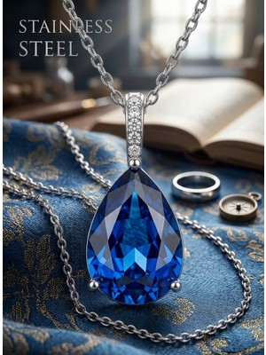 Stainless Steel Gümüş Renk Lacivert Sıra Taşlı Damla Model Çelik Kolye