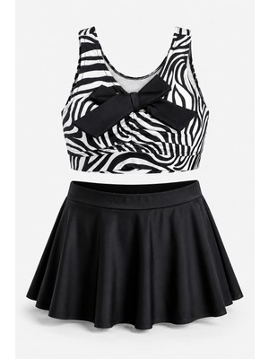 Haliç Mayo Zebra Desen Sıfır Kol Üst Etek Iki Parça Kız Çocuk Yüzücü Mayo 26271 SIYAH02