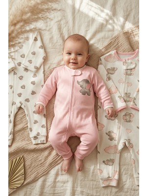 Babydonat Lullaby Soft Kız Bebek 3'lü Pamuklu Fermuarlı Tulum Seti - Pembe Fil ve Kalp Desenli Yumuşak Doku 3-9 Ay