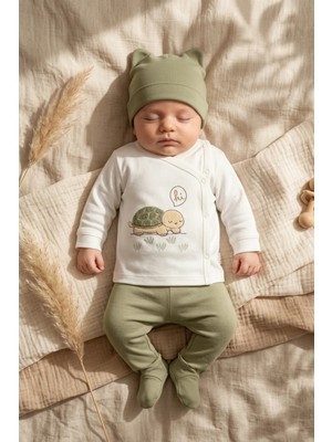 Babydonat Turtle Hug %100 Pamuklu 3’lü Yenidoğan Bebek Takımı 0-3 Ay - Yan Çıtçıtlı Üst, Patikli Pantolon ve Bere Seti
