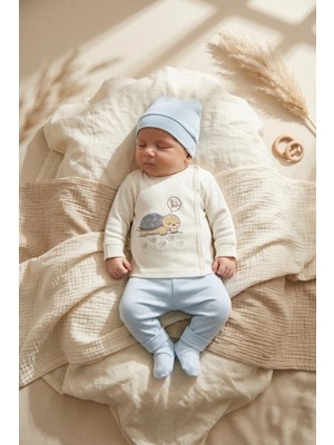 Babydonat Turtle Hug %100 Pamuklu 3’lü Yenidoğan Bebek Takımı 0-3 Ay - Yan Çıtçıtlı Üst, Patikli Pantolon ve Bere Seti