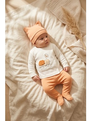 Babydonat Turtle Hug %100 Pamuklu 3’lü Yenidoğan Bebek Takımı 0-3 Ay - Yan Çıtçıtlı Üst, Patikli Pantolon ve Bere Seti