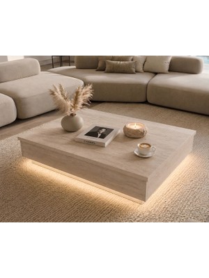 Misterium Perla LED Işıklı 90X75 Orta Sehpa - Traverten Doku - Mermer Desen