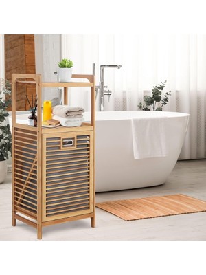 2 Organizer Raflı Ahşap Bambu Çek-Aç Kirli Sepeti