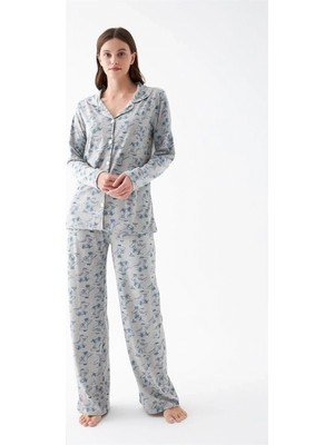 MiraLive Marsilyan- Kadın Gri Desenli Düğmeli Pamuklu Pijama Takımı
