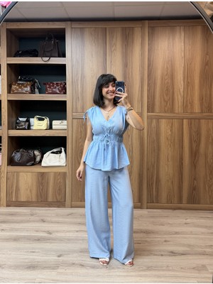 Vazıradk Bel Lastik Detay Çilek Bluz Pantolon Takım