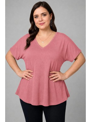 Curvy Trend Büyük Beden V Yaka Kısa Kol Geniş Etekli Bluz