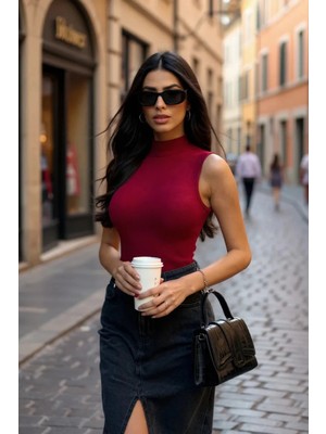 MiraLive Marsilyan- Kadın Bordo Kolsuz Balıkçı Yaka Basic Bluz