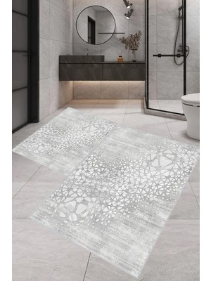 Rovigo Home Dijital Baskı  Modern Banyo Halısı Ikili Banyo Paspası RVG5-1601 100X60+60X50 cm