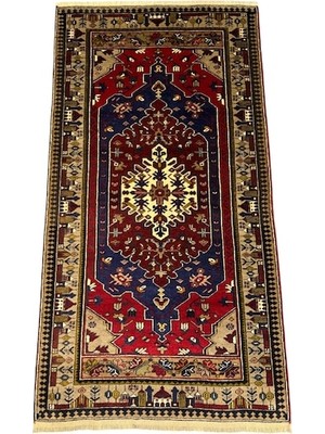 Burak Halı El Dokuma Sıfır Yahyalı Halısı 120X225 Kök Boyası Kırmızı Lacivert Yün Halı