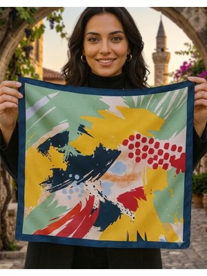 Dipol Butik Fırça Darbesi Tasarımlı Renkli Saten Bandana Fular 50X50 cm