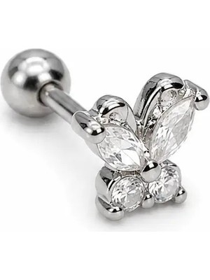 Nur Silver Kelebek Taşlı Çelik Tragus Küpe NUR-KE03412