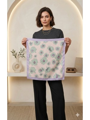 Dipol Butik Lila Çerçeveli Çiçek Tasarım  Saten Bandana Fular 50X50 cm