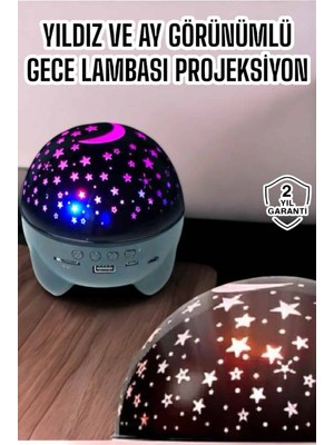 Techugo Gece Lambası Projeksiyon Görünümlü Şarjlı Yıldızlı Yuvarlak