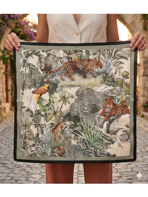Dipol Butik Leopar ve Tropikal Desenli Şık Kare Fular Saten Bandana Fular 50X50 cm
