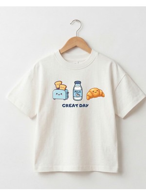 Babytex Great Day Baskılı Çocuk Oversize Tişört Sevimli Kahvaltı Temalı %100 Pamuk Unisex Çocuk Tişörtü