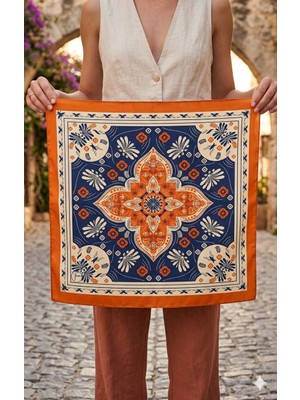 Dipol Butik Turuncu ve Lacivert Etnik Desenli Kare Saten Bandana Fular 50X50 cm