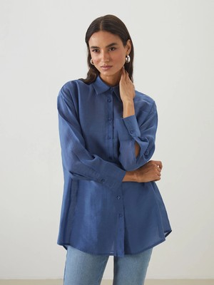 Lcw Modest Mavi Poplin Kadın Gömlek Tunik