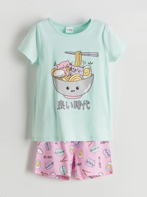 LC Waikiki Lcw Kids Turkuaz Baskılı Kız Çocuk Şortlu Pijama Takım