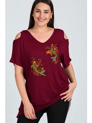 Curvy Trend Büyük Beden Koi Fish Baskılı Omuzu V Pencere Kısa Kol Bluz