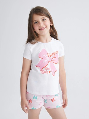 LC Waikiki Lcw Kids Beyaz Fiyonk Baskılı Kız Çocuk Şortlu Pijama Takım