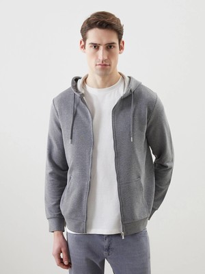 LC Waikiki Lcwaıkıkı Basic Gri Kapüşonlu Uzun Kollu Erkek Fermuarlı Sweatshirt