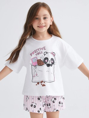 LC Waikiki Lcw Kids Beyaz Baskılı Kız Çocuk Şortlu Pijama Takım