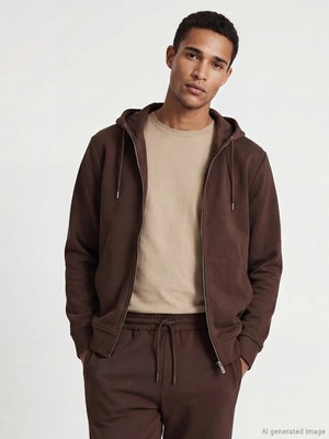 Lcw Vision Kahverengi Kapüşonlu Erkek Fermuarlı Sweatshirt