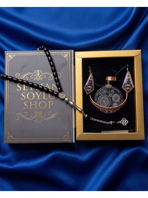 Seyhan Soylu Shop - Özel Tasarım Kitap Kutulu Kadın Bakır Takı Seti ve Tesbih Kombini - Kolye Küpe Bileklik Yüzük 5 Parça Otantik Şık Hediyelik - Doğum Günü Yıl Dönümü Anneler Günü