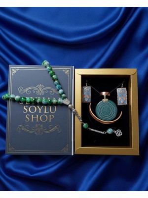 Seyhan Soylu Shop - Özel Tasarım Kitap Kutulu Kadın Bakır Takı Seti ve Tesbih Kombini - Kolye Küpe Bileklik Yüzük 5 Parça Otantik Şık Hediyelik - Doğum Günü Yıl Dönümü Anneler Günü