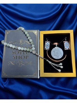 Seyhan Soylu Shop - Özel Tasarım Kitap Kutulu Kadın Bakır Takı Seti ve Tesbih Kombini - Kolye Küpe Bileklik Yüzük 5 Parça Otantik Şık Hediyelik - Doğum Günü Yıl Dönümü Anneler Günü