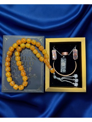 Seyhan Soylu Shop - Özel Tasarım Kitap Kutulu Kadın Bakır Takı Seti ve Tesbih Kombini - Kolye Küpe Bileklik Yüzük 5 Parça Otantik Şık Hediyelik - Doğum Günü Yıl Dönümü Anneler Günü
