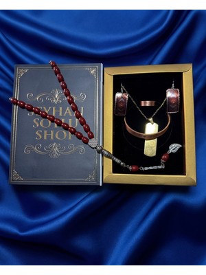 Seyhan Soylu Shop - Özel Tasarım Kitap Kutulu Kadın Bakır Takı Seti ve Tesbih Kombini - Kolye Küpe Bileklik Yüzük 5 Parça Otantik Şık Hediyelik - Doğum Günü Yıl Dönümü Anneler Günü