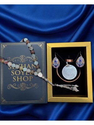 Seyhan Soylu Shop - Özel Tasarım Kitap Kutulu Kadın Bakır Takı Seti ve Tesbih Kombini - Kolye Küpe Bileklik Yüzük 5 Parça Otantik Şık Hediyelik - Doğum Günü Yıl Dönümü Anneler Günü