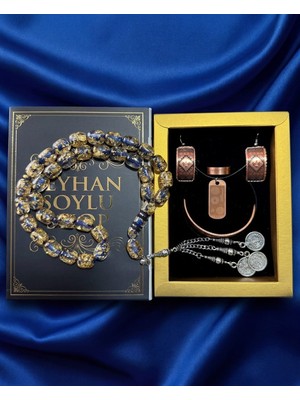 Seyhan Soylu Shop - Özel Tasarım Kitap Kutulu Kadın Bakır Takı Seti ve Tesbih Kombini - Kolye Küpe Bileklik Yüzük 5 Parça Otantik Şık Hediyelik - Doğum Günü Yıl Dönümü Anneler Günü