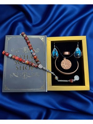 Seyhan Soylu Shop - Özel Tasarım Kitap Kutulu Kadın Bakır Takı Seti ve Tesbih Kombini - Kolye Küpe Bileklik Yüzük 5 Parça Otantik Şık Hediyelik - Doğum Günü Yıl Dönümü Anneler Günü