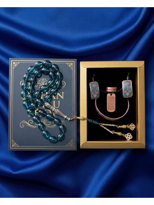 Seyhan Soylu Shop - Özel Tasarım Kitap Kutulu Kadın Bakır Takı Seti ve Tesbih Kombini - Kolye Küpe Bileklik Yüzük 5 Parça Otantik Şık Hediyelik - Doğum Günü Yıl Dönümü Anneler Günü