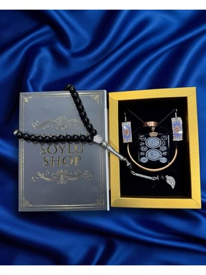 Seyhan Soylu Shop - Özel Tasarım Kitap Kutulu Kadın Bakır Takı Seti ve Tesbih Kombini - Kolye Küpe Bileklik Yüzük 5 Parça Otantik Şık Hediyelik - Doğum Günü Yıl Dönümü Anneler Günü