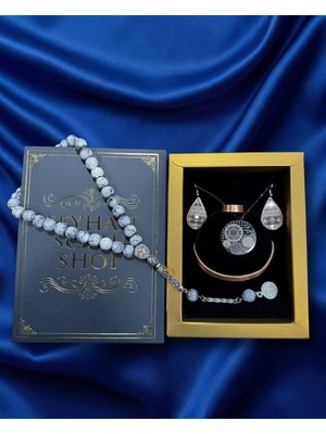 Seyhan Soylu Shop - Özel Tasarım Kitap Kutulu Kadın Bakır Takı Seti ve Tesbih Kombini - Kolye Küpe Bileklik Yüzük 5 Parça Otantik Şık Hediyelik - Doğum Günü Yıl Dönümü Anneler Günü