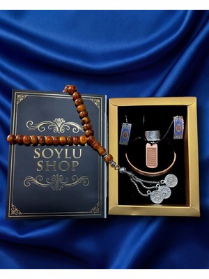 Seyhan Soylu Shop - Özel Tasarım Kitap Kutulu Kadın Bakır Takı Seti ve Tesbih Kombini - Kolye Küpe Bileklik Yüzük 5 Parça Otantik Şık Hediyelik - Doğum Günü Yıl Dönümü Anneler Günü