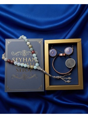 Seyhan Soylu Shop - Özel Tasarım Kitap Kutulu Kadın Bakır Takı Seti ve Tesbih Kombini - Kolye Küpe Bileklik Yüzük 5 Parça Otantik Şık Hediyelik - Doğum Günü Yıl Dönümü Anneler Günü