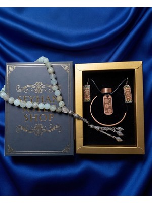 Seyhan Soylu Shop - Özel Tasarım Kitap Kutulu Kadın Bakır Takı Seti ve Tesbih Kombini - Kolye Küpe Bileklik Yüzük 5 Parça Otantik Şık Hediyelik - Doğum Günü Yıl Dönümü Anneler Günü