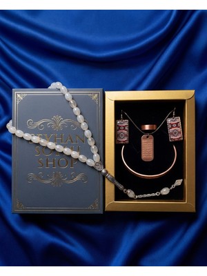 Seyhan Soylu Shop - Özel Tasarım Kitap Kutulu Kadın Bakır Takı Seti ve Tesbih Kombini - Kolye Küpe Bileklik Yüzük 5 Parça Otantik Şık Hediyelik - Doğum Günü Yıl Dönümü Anneler Günü