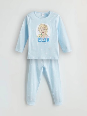 LC Waikiki Lcw Kids Mavi Bisiklet Yaka Elsa Baskılı Kız Çocuk Pijama Takımı