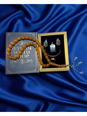 Seyhan Soylu Shop - Özel Tasarım Kitap Kutulu Kadın Bakır Takı Seti ve Tesbih Kombini - Kolye Küpe Bileklik Yüzük 5 Parça Otantik Şık Hediyelik - Doğum Günü Yıl Dönümü Anneler Günü
