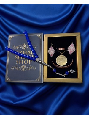 Seyhan Soylu Shop - Özel Tasarım Kitap Kutulu Kadın Bakır Takı Seti ve Tesbih Kombini - Kolye Küpe Bileklik Yüzük 5 Parça Otantik Şık Hediyelik - Doğum Günü Yıl Dönümü Anneler Günü