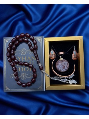 Seyhan Soylu Shop - Özel Tasarım Kitap Kutulu Kadın Bakır Takı Seti ve Tesbih Kombini - Kolye Küpe Bileklik Yüzük 5 Parça Otantik Şık Hediyelik - Doğum Günü Yıl Dönümü Anneler Günü