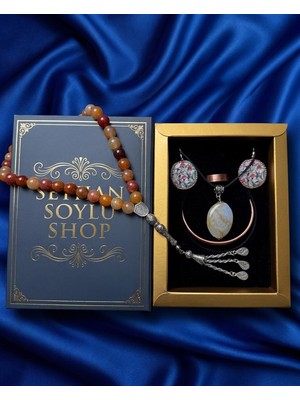 Seyhan Soylu Shop - Özel Tasarım Kitap Kutulu Kadın Bakır Takı Seti ve Tesbih Kombini - Kolye Küpe Bileklik Yüzük 5 Parça Otantik Şık Hediyelik - Doğum Günü Yıl Dönümü Anneler Günü