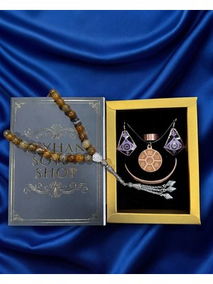 Seyhan Soylu Shop - Özel Tasarım Kitap Kutulu Kadın Bakır Takı Seti ve Tesbih Kombini - Kolye Küpe Bileklik Yüzük 5 Parça Otantik Şık Hediyelik - Doğum Günü Yıl Dönümü Anneler Günü