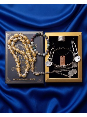 Seyhan Soylu Shop - Luxury Seri Kitap Kutulu Kadın Takı Seti ve Tesbih Kombin - Kolye Küpe Yüzük Bileklik Ekstra Boncuk Bileklik 6 Parça Hediyelik - Doğum Günü Yıl Dönümü Sevgililer Günü